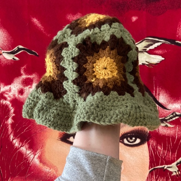 Vintage Accessories - Sage Sunflower Granny Square Bucket Hat – Handmade Crochet Forest Fairy Vibes